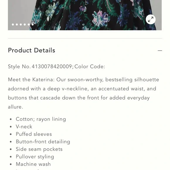 Anthropologie THE KATERINA BUTTON-FRONT DRESS - Black, Green, and Purple Floral - Picture 8 of 8